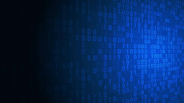 Glowing blue digital binary code loops on dark cyber background. Perfect for data technology, cybersecurity, network computing, sci-fi software stream, or matrix programming concept backdrop