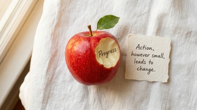 A red apple with a bite mark revealing the word Progress and a handwritten note stating Action, however small, leads to change