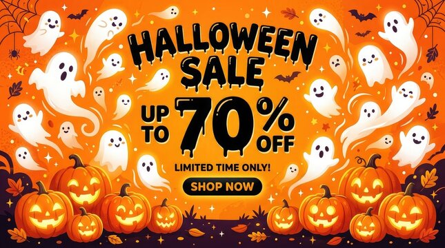 Spooky halloween sale banner up to 70 off jack o' lanterns ghosts halloween decorations for limited time