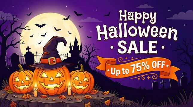 Spooky halloween sale banner jack o' lanterns witch hat and 75 off discount for october promotions
