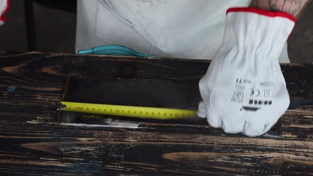 Close up of worker hands in safety gloves measuring steel detail with tape measure