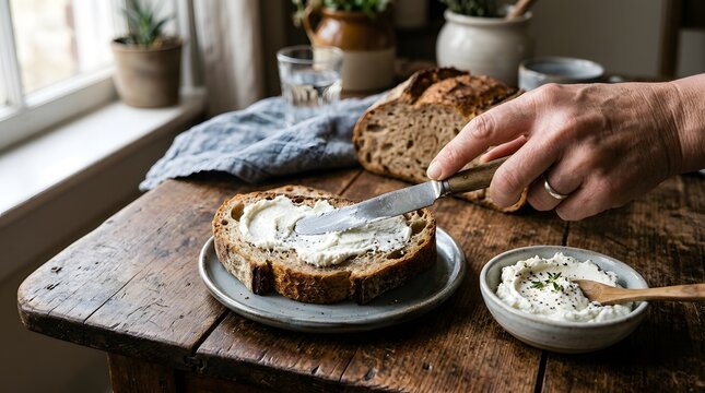 Person spreading creamy goat cheese on rustic bread slice perfect for Goat cheese spread on bread