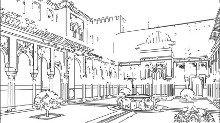 Fototapeta premium Alhambra Palace Court of the Lions Architectural Coloring Page