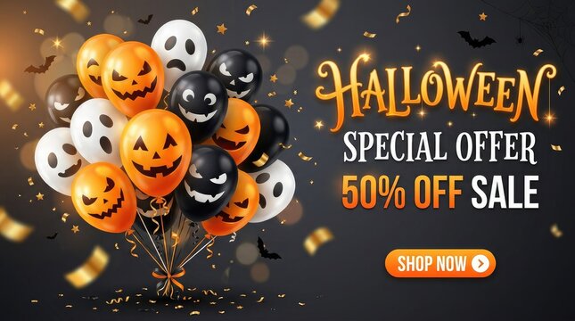 Spooky halloween sale banner 50 off deals on costumes decorations treats limited time offer