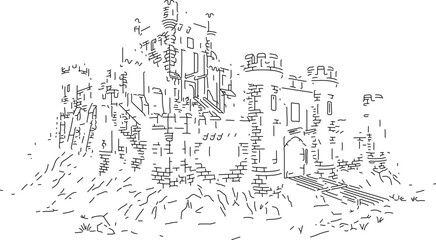 Fototapeta premium Medieval Stone Castle Fortress Line Art Illustration