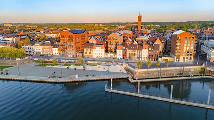 Obraz premium Venlo town cityscape, marina and waterfront near Meuse river aerial drone view, Venlo bird’s view on sunny weather, Limburg, the Netherlands