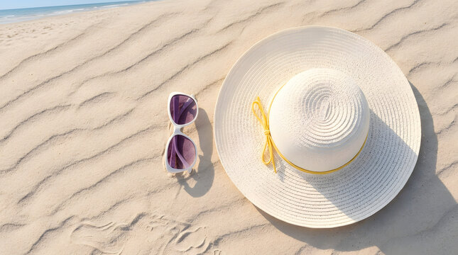 Sun hat and sunglasses on sandy beach