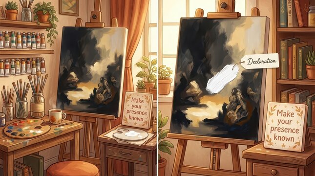 Artist's studio with easel, painting, art supplies, and inspirational quote "Make your presence known"