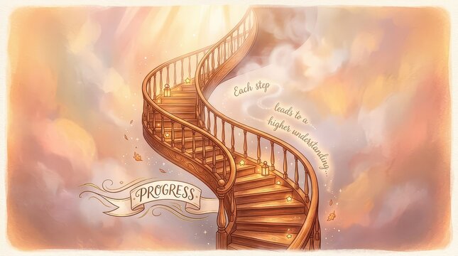 Ascending spiral staircase in clouds, symbolizing progress, learning, and higher understanding with lanterns and a banner