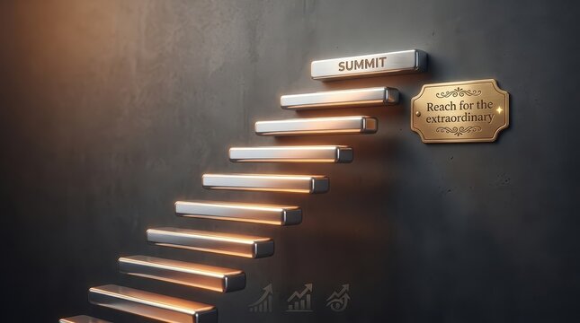 Ascending Metal Staircase Towards Summit with Inspirational Message of Reaching for the Extraordinary