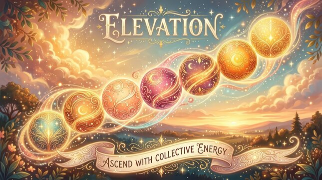 Ascend with Collective Energy: Spiritual Orbs Floating Over Landscape at Sunset with Clouds and Stars