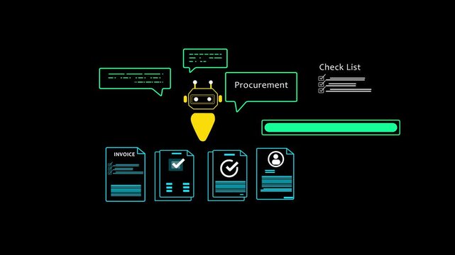 AI-powered procurement system concept with chatbot and digital invoice icons on mobile device, representing automation in B2B purchasing and mobile supply chain management solutions.