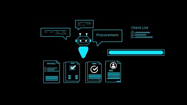 AI-powered procurement system concept with chatbot and digital invoice icons on mobile device, representing automation in B2B purchasing and mobile supply chain management solutions.