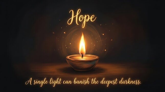 A single flickering candle flame illuminating darkness, symbolizing hope and resilience