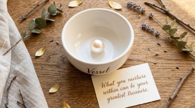 A single pearl in a ceramic bowl with inspirational quote about nurturing and treasure on a rustic wooden background
