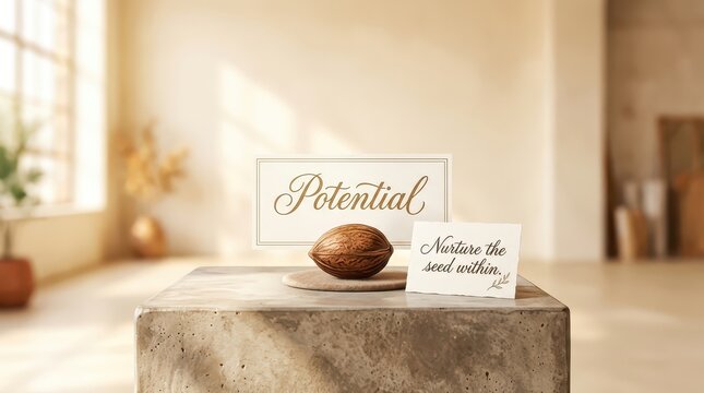 A single walnut representing potential and growth with inspirational text in a minimalist, warm interior.