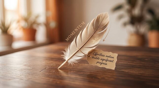 A single feather with a tag reading "Effortless motion builds significant progress" on a wooden table, symbolizing growth and inspiration
