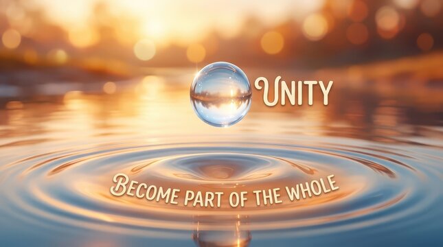 A single water droplet creating ripples on calm water with the word UNITY and phrase Become Part of the Whole
