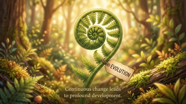 A spiral unfurling fern frond with an 'Evolution' tag in a lush, sunlit forest, symbolizing growth and change.
