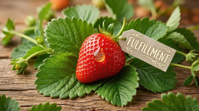 A single ripe strawberry with a tag labeled "Fulfillment" rests on green leaves on a wooden background, representing success and satisfaction.
