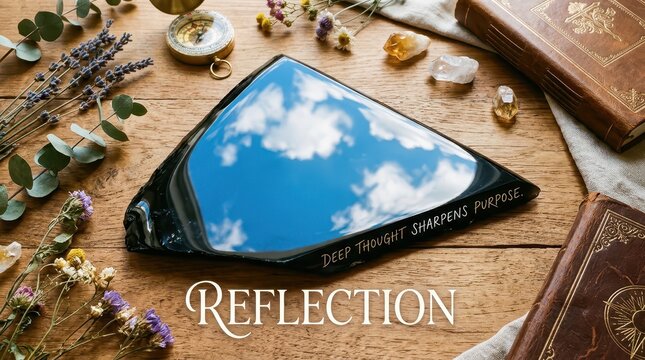 A triangular reflective stone mirrors the blue sky and clouds, with books, lavender, and crystals on a wooden table, symbolizing introspection and dee