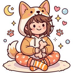Fototapeta premium Cute girl in corgi onesie holding bone kawaii character illustration sticker