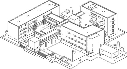 Fototapeta premium Bauhaus Dessau Building Isometric Architecture Line Drawing