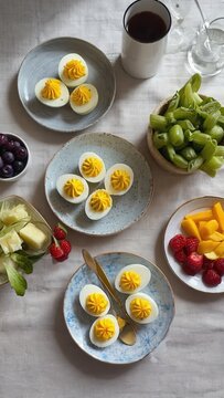Deviled eggs served with fresh fruit