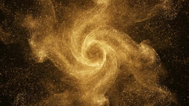 Golden particles explode and swirl into a luminous spiral vortex on a black background for cinematic motion graphics.