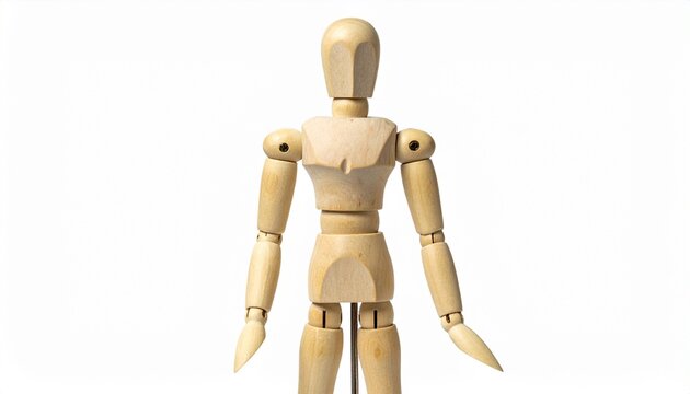 "Wooden artist mannequin standing upright"