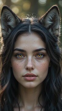 Beautiful female lycanthrope with wolf ears in a magical forest. Vertical video