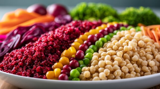 Colorful assortment of fresh vegetables and legumes arranged neatly on a white plate showcasing healthful eating and vibrant culinary presentation
