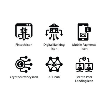 Fintech, Digital Banking, Mobile Payments, Crypto currency, API, Peer to Peer Lending, icon