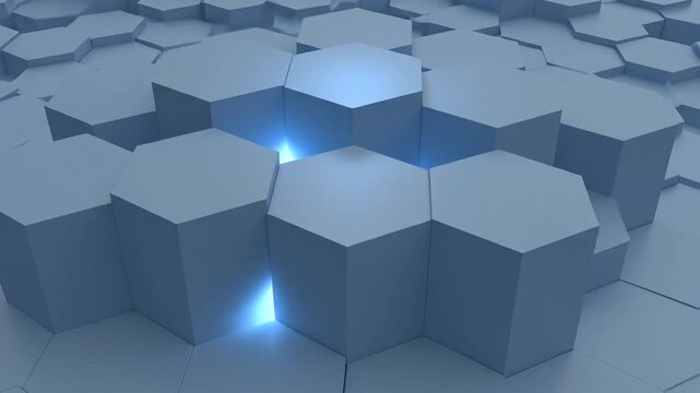A blue geometric background with many raised hexagonal shapes