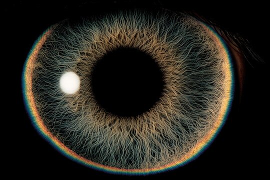 Extreme close-up of a human iris, showing intricate details and vibrant colors