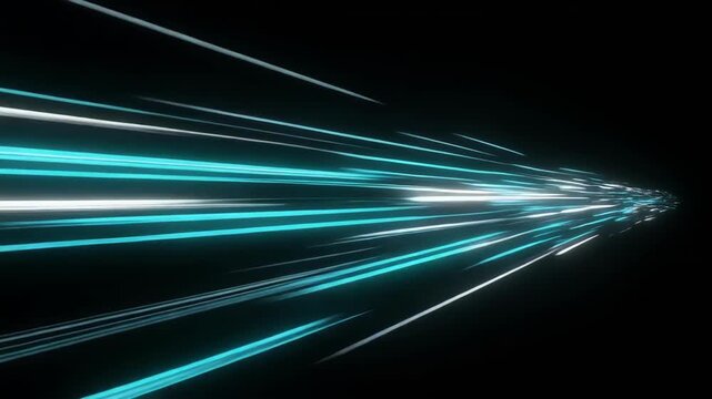Speeding turquoise and white light streaks accelerating forward in darkness