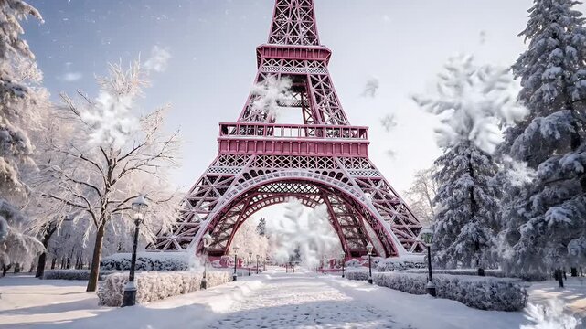 Winter Scene with Snow-Covered Paris-Inspired Eiffel Tower Replica Surrounded by Frosty Trees