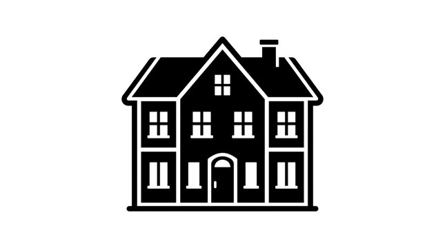 Black and white icon of a twostory house with a chimney