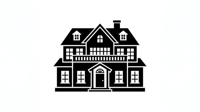 Black and white icon of a large colonial style house isolated on white background