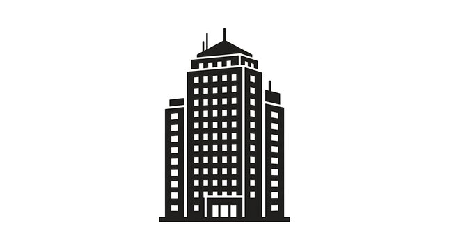 Black silhouette icon of a modern skyscraper building isolated on white background