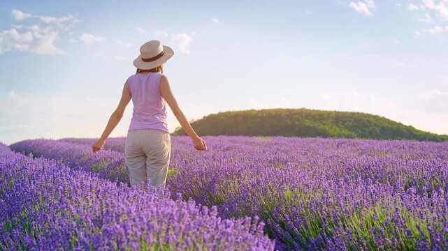 Young woman in a straw hat raising her arms and enjoying freedom in a blooming lavender field at sunset. Handheld motion footage for summer travel and wellness video concept.