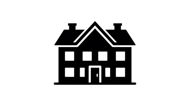 Black silhouette icon of a twostory house with chimneys isolated on white background
