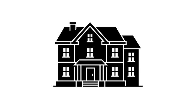 Black silhouette icon of a large residential house isolated on white background