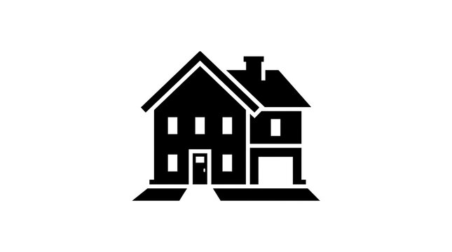 Black silhouette icon of a twostory house with a garage and chimney