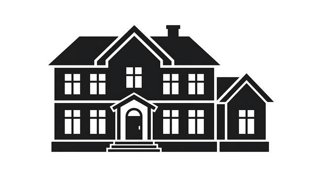 Black and white icon of a twostory suburban house with a chimney