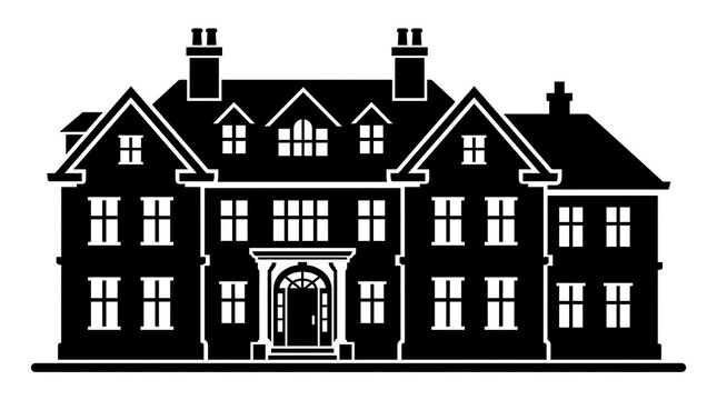 Black and white silhouette icon of a large manor house or mansion