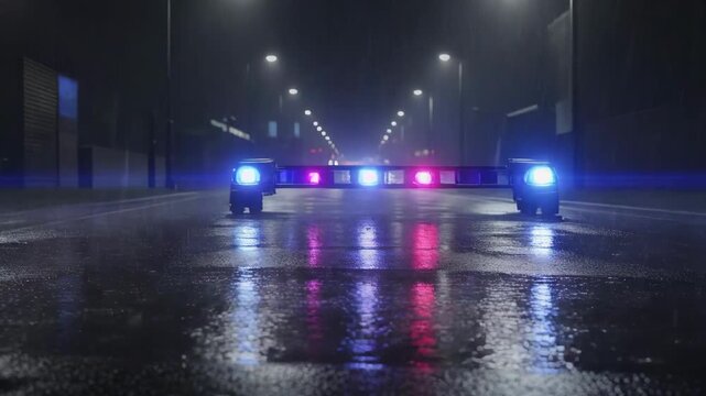 Tunnel barrier with flashing blue and red lights on wet asphalt during a moody cinematic night