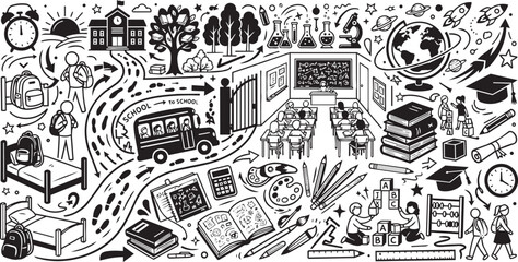 Fototapeta premium Back to school black and white doodle sketch 