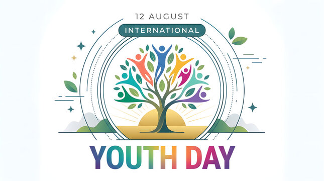 International youth day graphic featuring stylized tree with colorful diverse people in branches