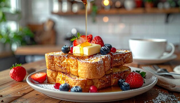 Delicious French Toast with Fresh Berries, Butter and Maple Syrup on Rustic Wooden Table
